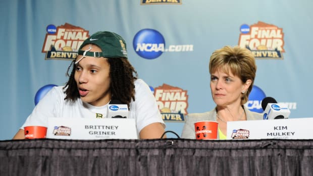 April 3, 2012; Denver, CO, USA; Baylor Bears center Brittney Griner (left) and head coach Kim Mulkey (right) address the media in a press conference after the game against the Notre Dame Fighting Irish in the finals of the 2012 NCAA women’s basketball Final Four at the Pepsi Center. The Bears defeated the Fighting Irish 80-61. Mandatory Credit: Ron Chenoy-USA TODAY Sports