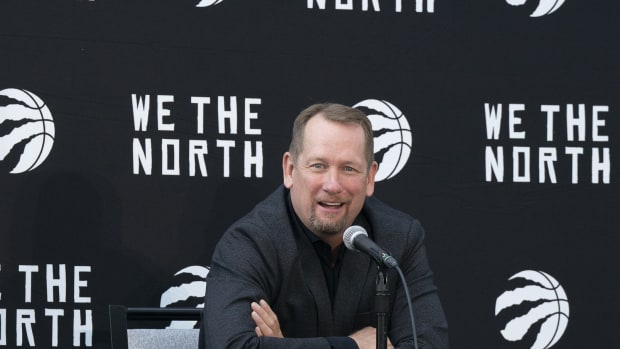 Toronto Raptors head coach Nick Nurse talks to the media during Media Day at the Hotel X