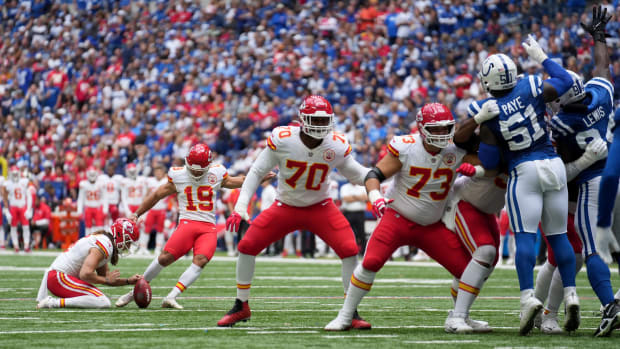 Kansas City Chiefs place kicker Matt Ammendola (19) kicks in a field goal Sunday, Sept. 25, 2022, during a game against the Indianapolis Colts at Lucas Oil Stadium in Indianapolis.