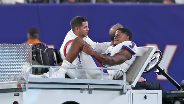 New York Giants wide receiver Sterling Shepard (3) leaves on a cart after injuring himself during the second half against the Dallas Cowboys on Sept. 26, 2022.