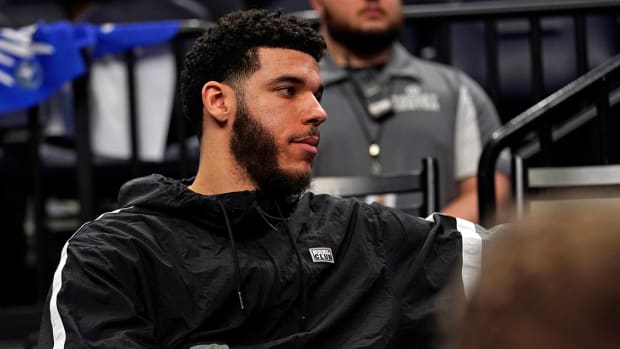 Bulls guard Lonzo Ball (2) looks on against the Timberwolves during the fourth quarter at Target Center.