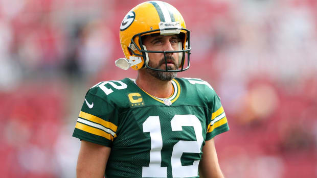 Packers quarterback Aaron Rodgers looks on during a game vs. the Tampa Bay Buccaneers