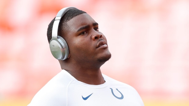 Indianapolis Colts offensive tackle Le'Raven Clark (62)before the start of their game against the Kansas City Chiefs at Arrowhead Stadium in Kansas City, MO., on Sunday, Oct., 5, 2019.
