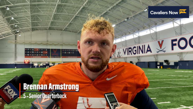 Virginia Cavaliers quarterback Brennan Armstrong speaks to the media ahead of UVA's game at Duke.