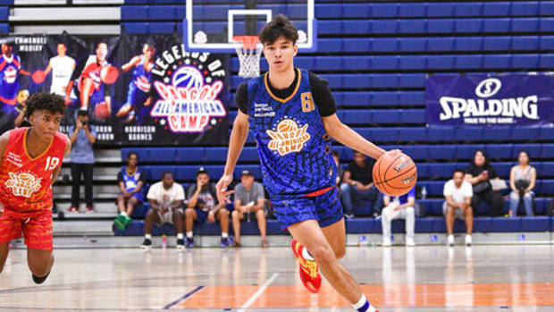 Andrej Stojakovic drives to the basket during the Pangos All-American Camp on June 5, 2022 at the Bishop Gorman High School in Las Vegas, NV.
