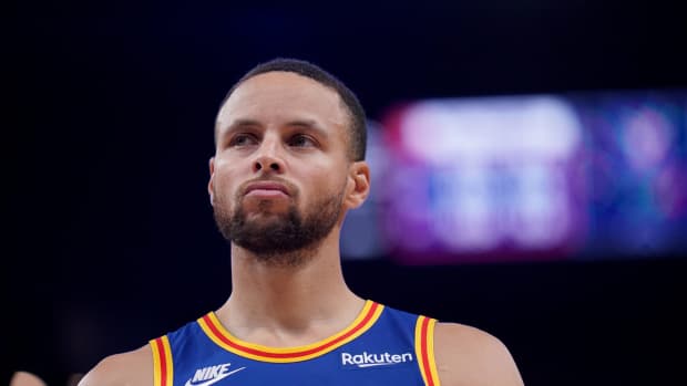 Dec 3, 2021; San Francisco, California, USA; Golden State Warriors guard Stephen Curry (30) stands on the court after a timeout against the Phoenix Suns in the third quarter at the Chase Center. Mandatory Credit: Cary Edmondson-USA TODAY Sports