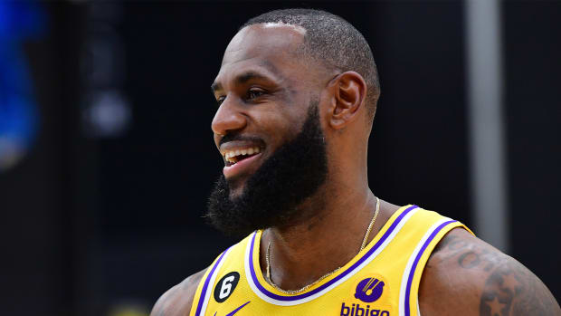 Sep 26, 2022; El Segundo, CA, USA; Los Angeles Lakers forard LeBron James (6) reacts during Lakers Media Day at UCLA Health Training Center.