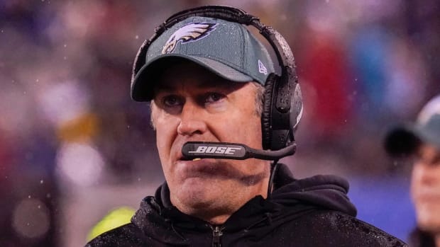 Former Philadelphia Eagles head coach Doug Pederson reacts during a game on Dec. 29, 2019.