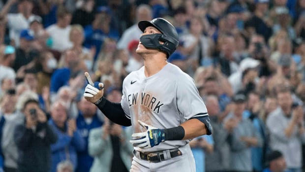 New York Yankees designated hitter Aaron Judge (99) celebrates after hitting his 61st home run scoring two runs against the Toronto Blue Jays during the seventh inning on Sept. 28, 2022.