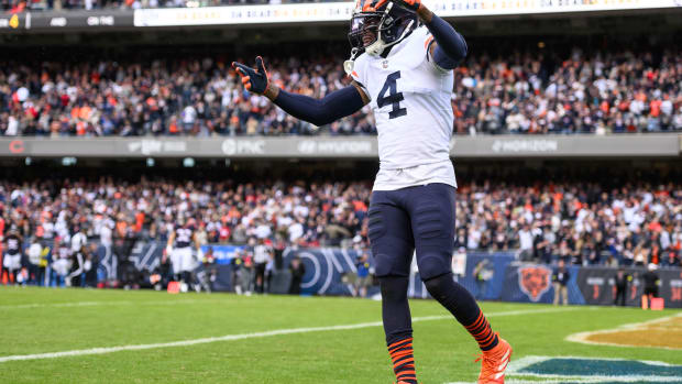 Sep 25, 2022; Chicago, Illinois, USA; Chicago Bears free safety Eddie Jackson (4) celebrates a defensive play in the fourth quarter against the Houston Texans at Soldier Field.