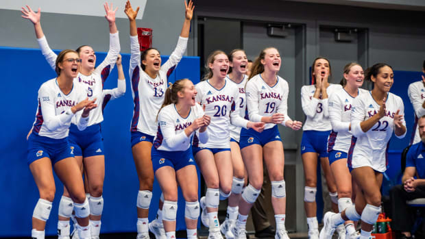 Kansas Jayhawks' players celebrate during the match against the Texas Longhorns on September 21, 2022. The Jayhawks fell in 5 sets.