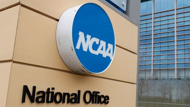 The NCAA logo outside its headquarters in Indianapolis