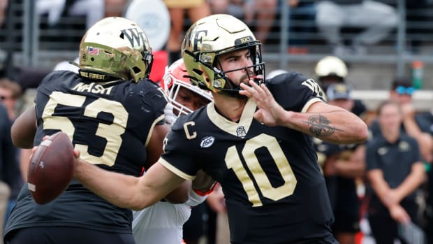 Sep 24, 2022; Winston-Salem, North Carolina, USA; Wake Forest Demon Deacons quarterback Sam Hartman (10) throws a pass during the second half against the Clemson Tigers at Truist Field. Mandatory Credit: Reinhold Matay-USA TODAY Sports