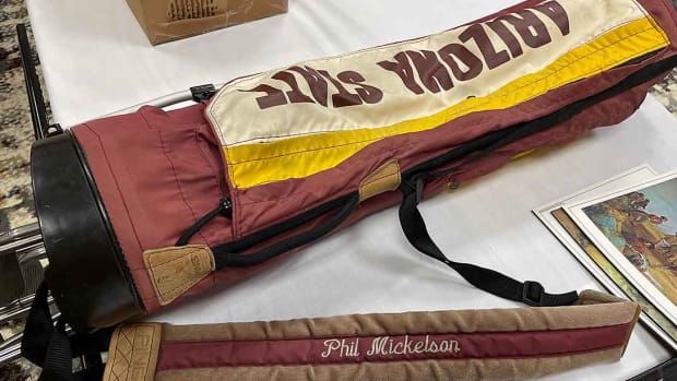 A vintage Arizona State golf bag owned by Phil Mickelson is pictured at the 2022 Golf Heritage Society trade show.