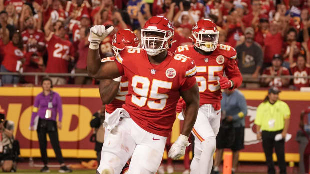 Sep 15, 2022; Kansas City, Missouri, USA; Kansas City Chiefs defensive tackle Chris Jones (95) celebrates against the Los Angeles Chargers after a play during the game at GEHA Field at Arrowhead Stadium.