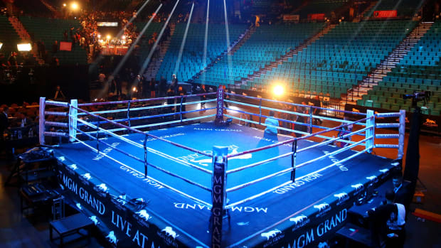 Overall view of an empty boxing ring.