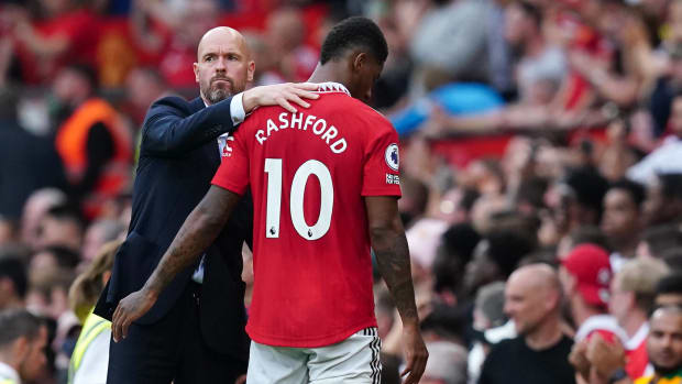 Erik ten Hag (left) and Marcus Rashford pictured during Manchester United's 3-1 win over Arsenal in September 2022