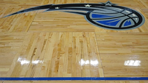 A view of the Magic's logo on the court prior to the game of the Atlanta Hawks against the Orlando Magic at Amway Center.