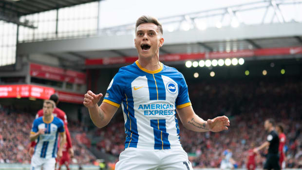 Brighton hat-trick hero Leandro Trossard pictured celebrating one of his goals during a 3-3 draw at Liverpool in October 2022