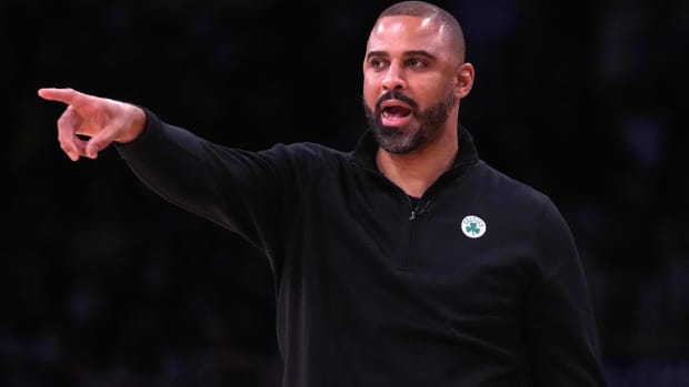 Celtics head coach Ime Udoka points out a play while coaching a game vs. the Los Angeles Lakers.