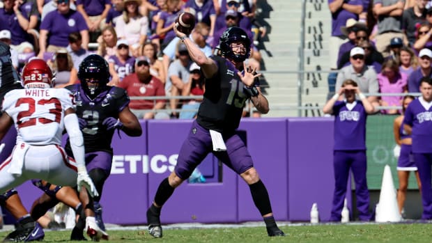 TCU Horned Frogs quarterback Max Duggan (15) throws during the first half against the Oklahoma Sooners at Amon G. Carter Stadium.