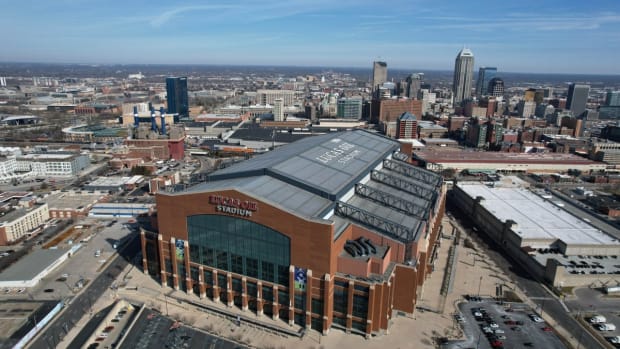 A general overall aerial view of Lucas Oil Stadium, the home of the Indianapolis Colts and site of the 2022 NFL Scouting Combine.