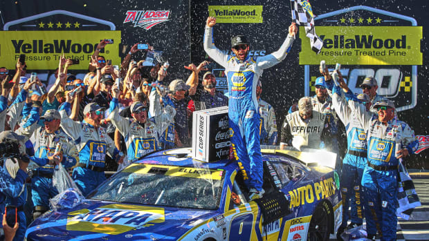 Chase Elliott celebrates his victory Sunday after winning the YellaWood 500 at Talladega Superspeedway. Elliott also won Stage 2 of the race. Elliott leads the 2022 NASCAR Cup Series Championship as the playoffs head to Charlotte next Sunday. (Photo by Andrew Coppley/HHP for Chevy Racing)