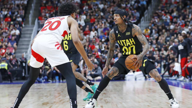Utah Jazz guard Jordan Clarkson (00) looks to make a pass in front of Toronto Raptors guard Jeff Down Jr. (20) during the third quarter at Rogers Place.