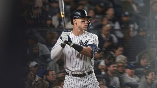 New York Yankees OF Aaron Judge stands on deck at Yankee Stadium