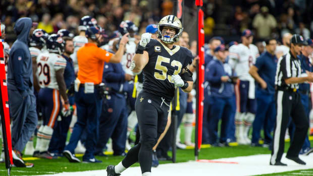 Oct 29, 2017; New Orleans, LA, USA; New Orleans Saints linebacker AJ Klein celebrates after a play agains the Chicago Bears at the Mercedes-Benz Superdome.