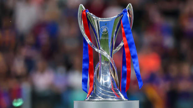 A close-up photo of the UEFA Women's Champions League trophy