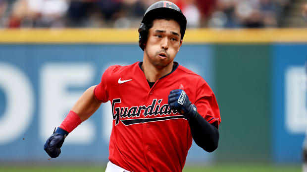 Sep 19, 2022; Cleveland, Ohio, USA; Cleveland Guardians left fielder Steven Kwan (38) rounds the bases during an RBI triple in the second inning against the Minnesota Twins at Progressive Field.