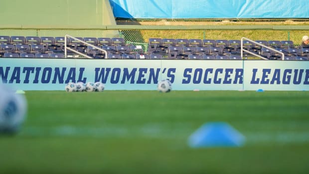The National Women's Soccer League spelled out on the walls of a stadium at Legends Field in Kansas City.