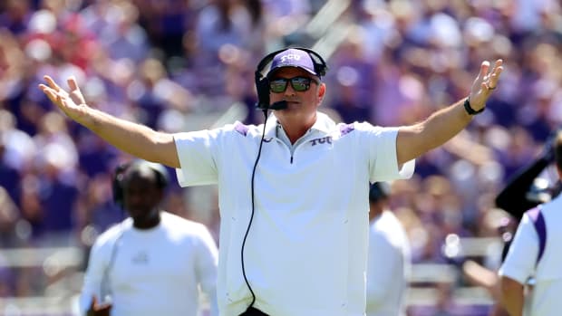 TCU Horned Frogs head coach Sonny Dykes reacts during the first half against the Oklahoma Sooners at Amon G. Carter Stadium.