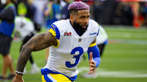 Rams wide receiver Odell Beckham Jr. warms up prior to playing the Bengals in Super Bowl LVI.