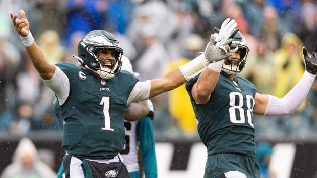 Oct 2, 2022; Philadelphia, Pennsylvania, USA; Philadelphia Eagles quarterback Jalen Hurts (1) and tight end Dallas Goedert (88) react as time winds down on a victory against the Jacksonville Jaguars at Lincoln Financial Field.