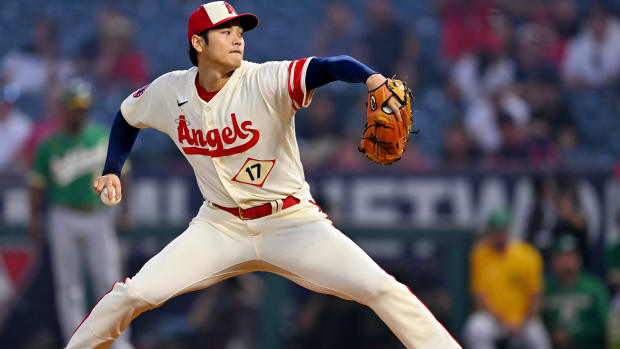 Sep 29, 2022; Anaheim, California, USA; Los Angeles Angels starting pitcher Shohei Ohtani (17) throws to the plate in the first inning against the Oakland Athletics at Angel Stadium.