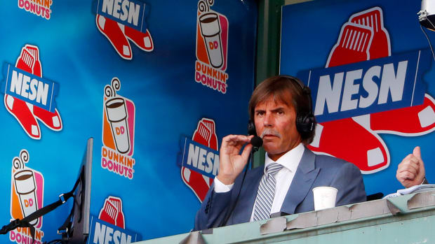 Hall of Fame pitcher and Boston Red Sox broadcaster Dennis Eckersley in the NESN TV booth before the game between the Boston Red Sox and the Chicago White Sox at Fenway Park.