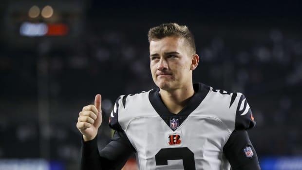 Sep 29, 2022; Cincinnati, Ohio, USA; Cincinnati Bengals place kicker Evan McPherson (2) walks off the field after their victory over the Miami Dolphins at Paycor Stadium. Mandatory Credit: Katie Stratman-USA TODAY Sports