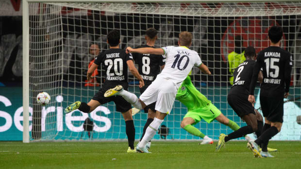 Tottenham striker Harry Kane (10) pictured shooting wide during his side's 0-0 draw with Eintracht Frankfurt in October 2022
