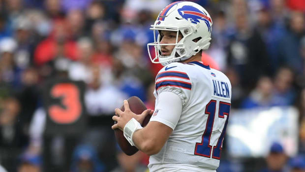 Oct 2, 2022; Baltimore, Maryland, USA; Buffalo Bills quarterback Josh Allen (17) looks to throw during the first half against the Baltimore Ravens at M&T Bank Stadium.