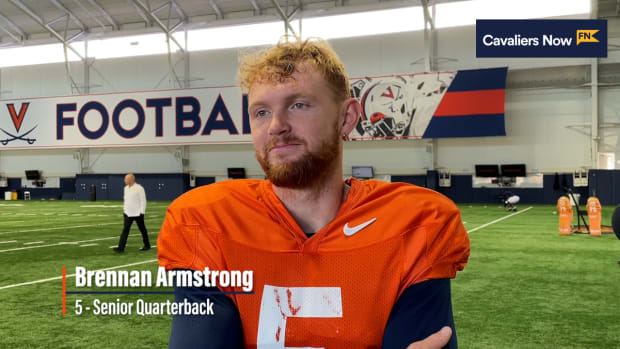 Virginia Cavaliers quarterback Brennan Armstrong talks to the media about the UVA offense after practice.