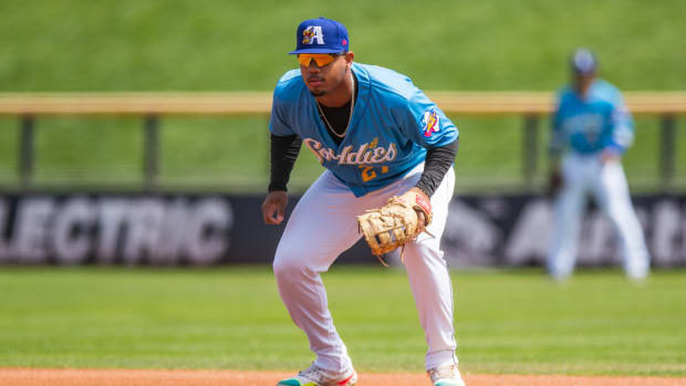Amarillo Sod Poodles first baseman Deyvison De Los Santos (27) gets ready for a potential batted ball. Mandatory Credit: John E. Moore III-Getty Images