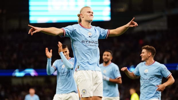 Erling Haaland pictured celebrating a goal during Manchester City's 5-0 win over Copenhagen in October 2022