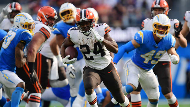 Oct 10, 2021; Inglewood, California, USA; Cleveland Browns running back Nick Chubb (24) runs the ball against the Los Angeles Chargers during the second half at SoFi Stadium. Mandatory Credit: Gary A. Vasquez-USA TODAY Sports