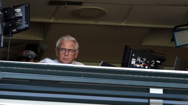 SF Giants broadcaster Duane Kuiper in the booth at Oracle Park during the 2020 season.