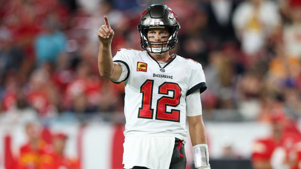 Tampa Bay Buccaneers quarterback Tom Brady (12) signals a play against the Kansas City Chiefs in the fourth quarter at Raymond James Stadium.
