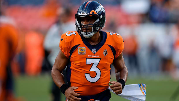 Broncos quarterback Russell Wilson (3) before the game against the Indianapolis Colts at Empower Field at Mile High.