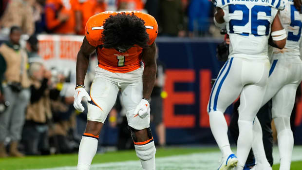 Broncos wide receiver KJ Hamler (1) reacts to losing after an NFL football game against the Indianapolis Colts.