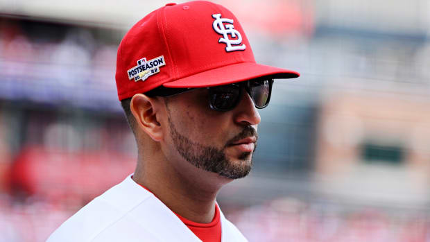 Cardinals manager Oliver Marmol looks on before NL Wild Card Game 1 vs. the Phillies.